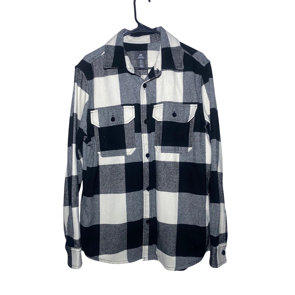 H&M Regular Fit Black White Ivory Buffalo Plaid Flannel Shirt Long Sleeve Mens M